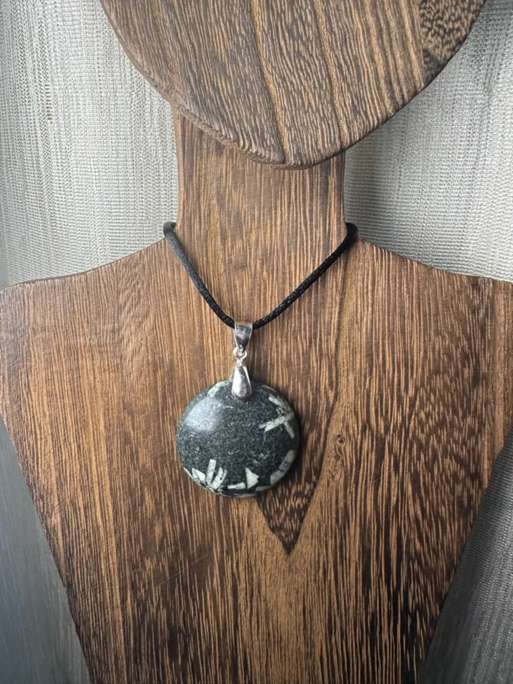 Round Chinese Writing Stone Pendant Necklace on Black Rope, Sterling Silver
